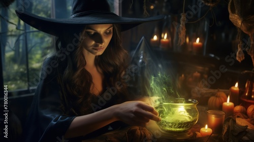 A charming sorceress in a hat casts a spell on her potion on Halloween, in an old hut.
