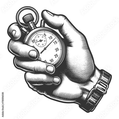  hand firmly holding a stopwatch, symbolizing time management and urgency sketch engraving generative ai fictional character vector illustration. Scratch board imitation. Black and white image.