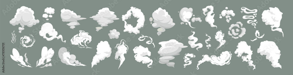 Steam clouds. Cartoon dust smoke smell vfx explosion vapour storm. Smoke illustration set for special effects templat Steam clouds. Cartoon dust smoke smell vfx explosion vapour storm. Smoke illustration set for special effects templat