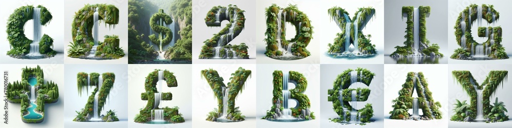 Fototapeta premium waterfall and lush lettering. AI generated illustration