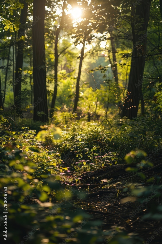 A tranquil forest scene with sunlight filtering through the trees, paired with the quote: 