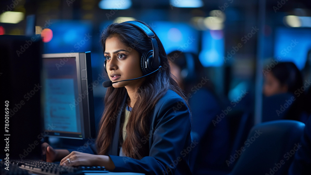 Indian woman working in the office at night, female doing night shift Indian woman working in the office at night, female doing night shift
