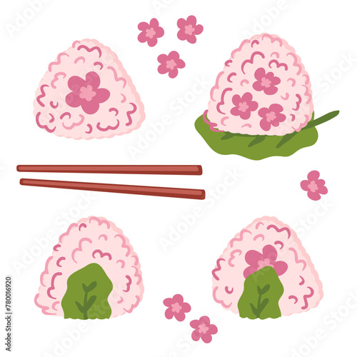 Sakura onigiri rice balls spring collection. Perfect for stickers, posters, menu and stationery. Hand drawn vector illustration for decor and design.