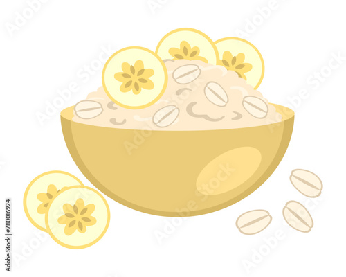 Oatmeal porridge in yellow bowl with banana slices. Perfect for menu, sticker, poster.