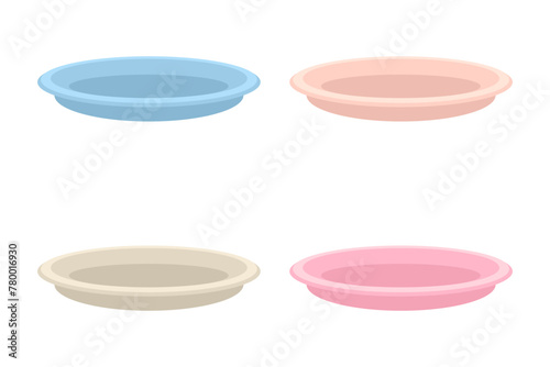 Empty plates of different pastel colors collection. Perfect print for stickers, poster, menu. Isolated vector illustration for decor and design.