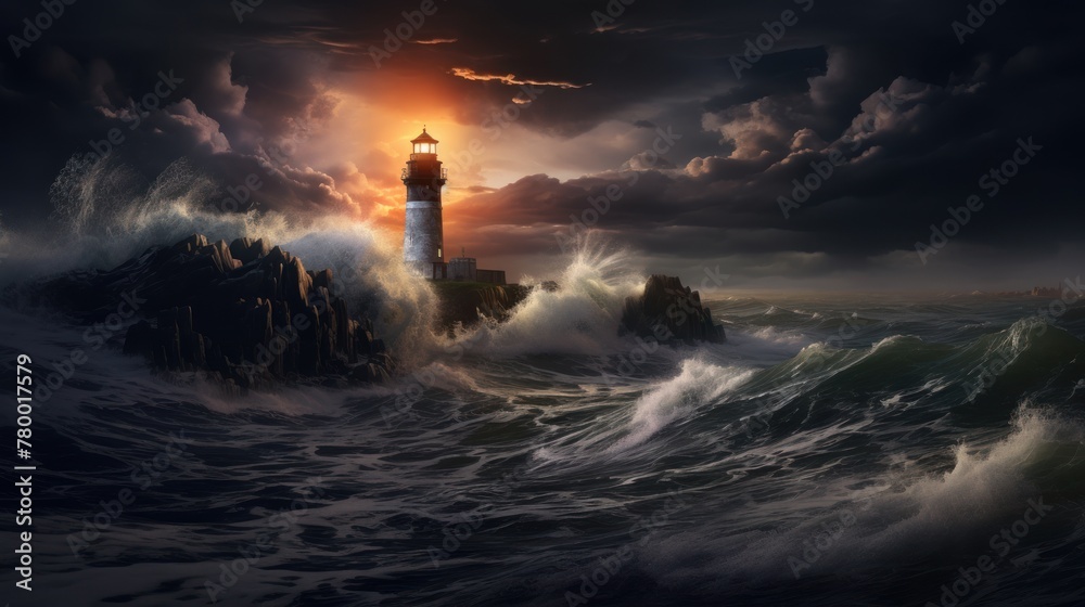 A radiant lighthouse, standing tall amidst the stormy waters, portrays the strength and beauty of the evening scene.