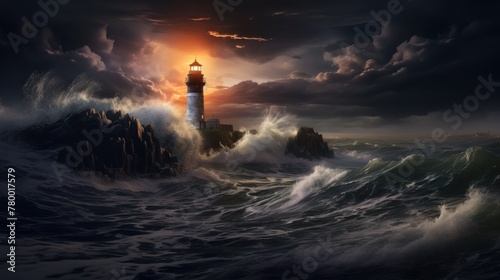 A radiant lighthouse, standing tall amidst the stormy waters, portrays the strength and beauty of the evening scene.