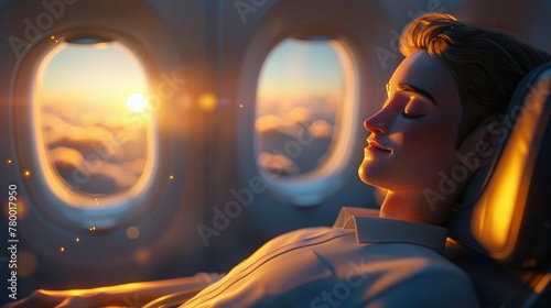 Animated 3D model of an individual with aerophobia, using calming techniques like deep breathing, set in an airplane setting photo