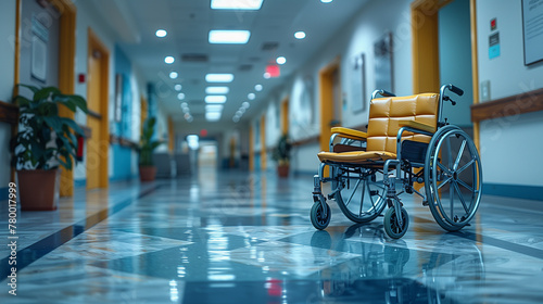 Empty hallway, doctor’s office, and close-up shot of wheelchair