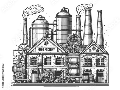 Beer brewing process factory equipment with beer brewing elements and grains. Sketch engraving generative ai vector illustration. Scratch board imitation. Black and white image.