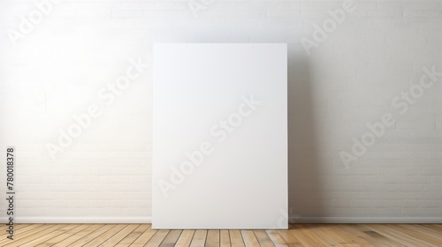 The art of potential-a white easel with an empty canvas, resting against a wooden floor and a blank white wall.