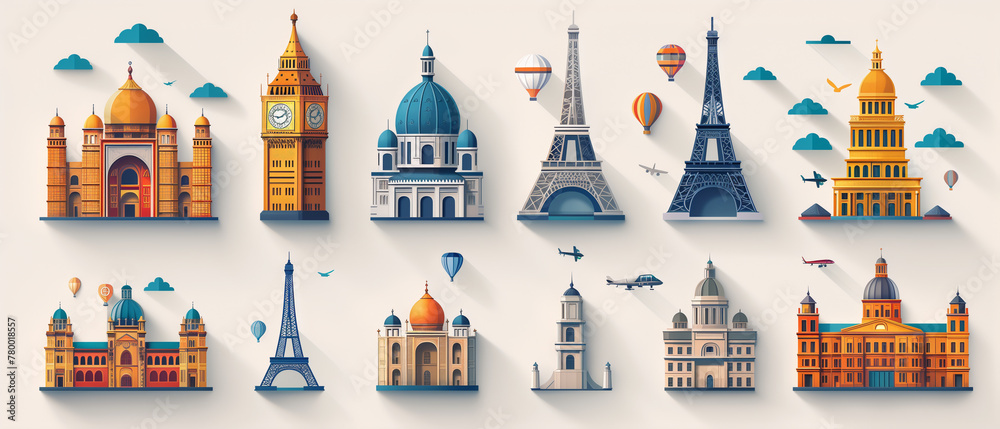 A flat design icon set landmarks from around the world