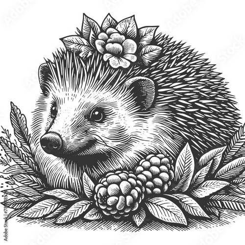 hedgehog surrounded by flowers and berries, perfect for botanical themes sketch engraving generative ai vector illustration. Scratch board imitation. Black and white image.