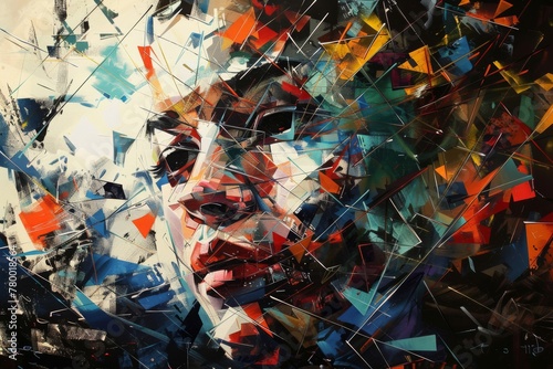  A captivating artwork featuring a fragmented portrait with sharp geometric shapes, blending the human visage with an explosion of abstract colors