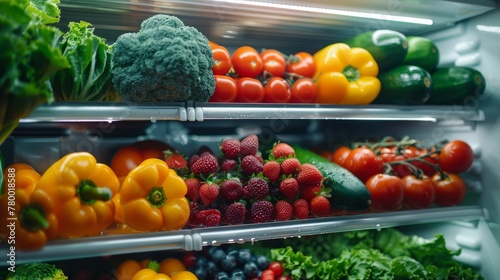 Abundant array of fruits and vegetables in a fridge