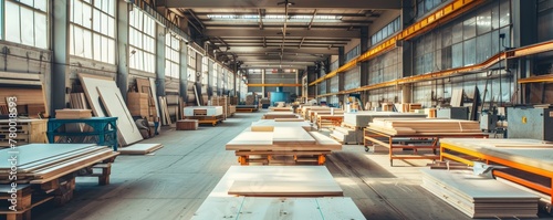 Spacious industrial warehouse with assorted wood materials. Manufacturing and storage concept