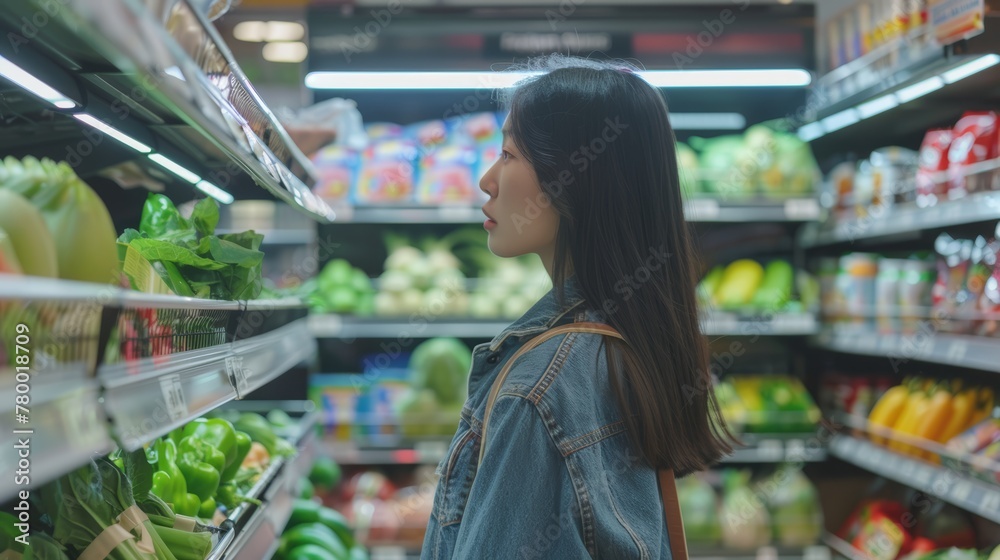 Young woman shopping in a grocery store, choosing products in the vegetable section.