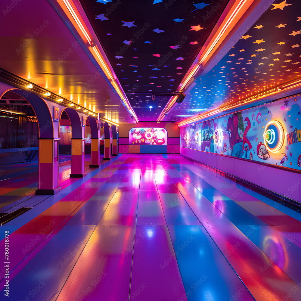 A neon colored room with a large dance floor. The room is decorated with stars and a large sign that says A neon colored room with a large dance floor. The room is decorated with stars and a large sign that says