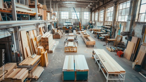 Woodworking factory interior with machinery and large wood planks. Industrial manufacturing workshop for banner, poster design