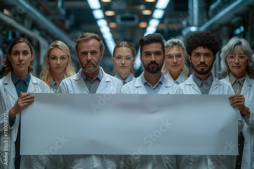 Diverse group of coworkers, of mixed gender and ethnicity, in lab coats holding a blank banner in professional setting.