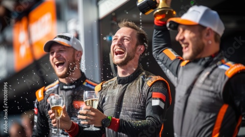Formula One racing team celebrating victory with champagne on the winners' podium after a successful race.
