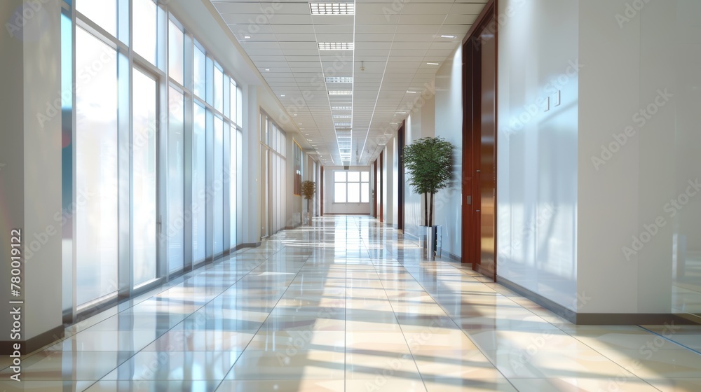 Sunny corporate hallway with reflective tiled floor. Bright and modern office interior design concept