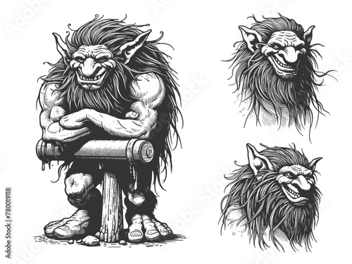 trolls set in various expressions of laughter, showcasing detailed mythical art sketch engraving generative ai fictional character vector illustration. Scratch board imitation. Black and white image.