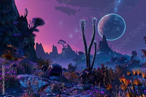 Alien realm characterized by bizarre landscapes and exotic plant and animal species  creating a unique and fascinating environment.