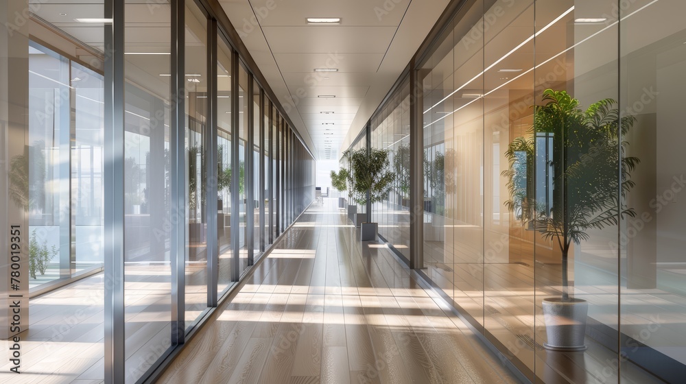Bright modern corridor with glass walls and wooden floors in a corporate office. Natural light filled interior with potted plants