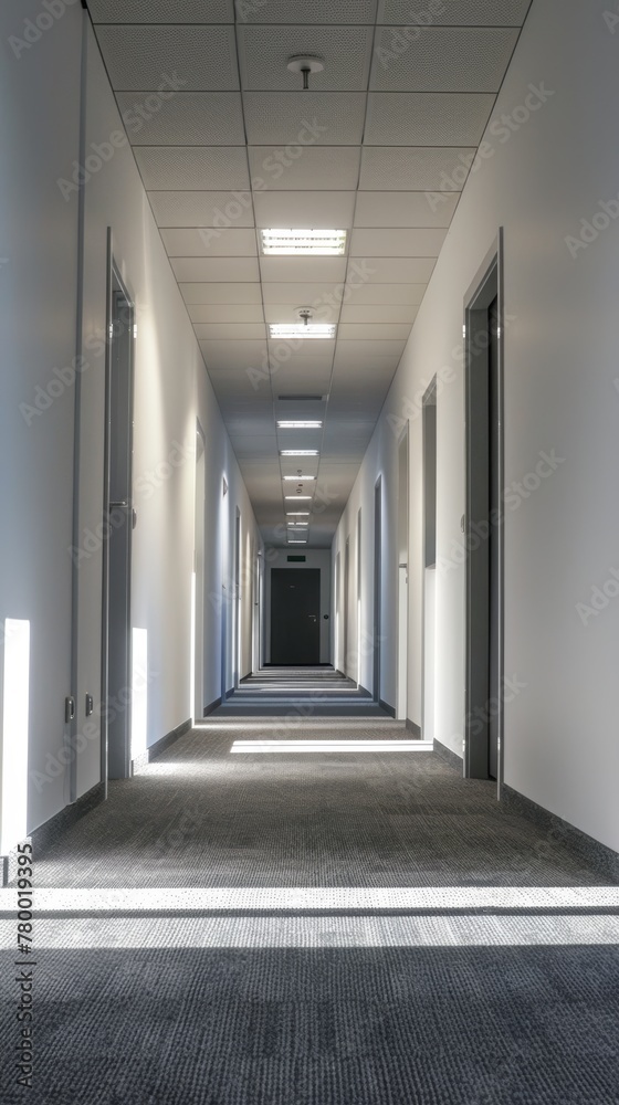 Empty business hallway with carpeted floor and ceiling lights. Perspective view of office interior.