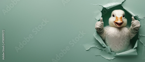 A witty astronaut duck giving thumbs up behind a torn green wall, hinting at success and achievement photo