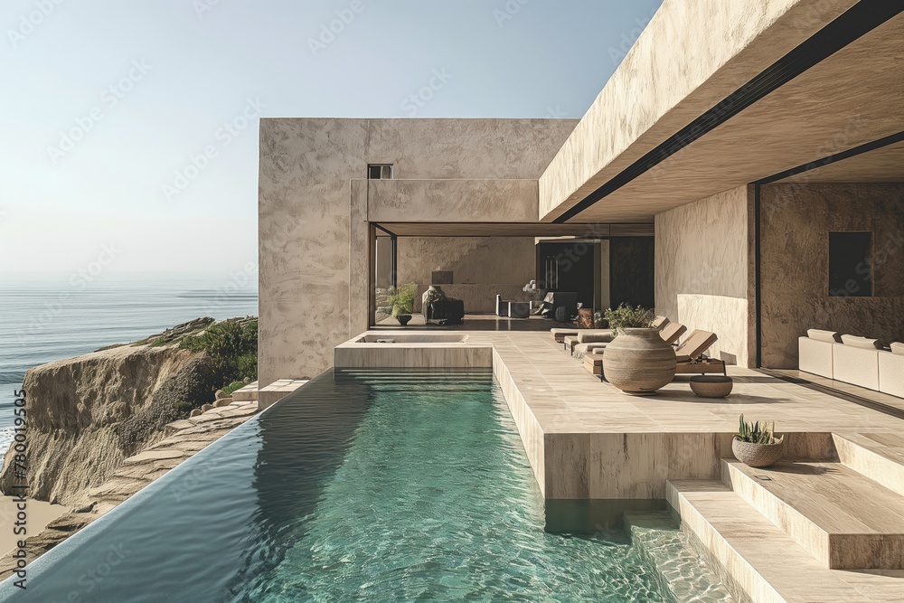 Stylish summer exterior concept with villa pool house on the sea. Generative AI Stylish summer exterior concept with villa pool house on the sea. Generative AI