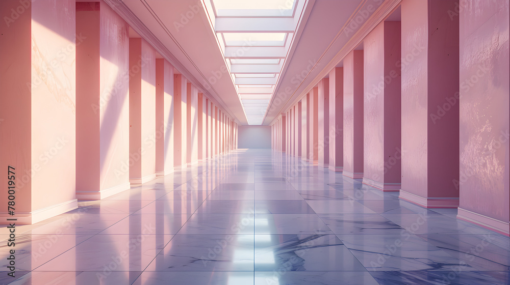 A long hallway with pink walls and a pink ceiling. The hallway is very long and has a lot of space