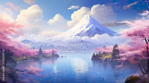 A vivid and colorful portrayal of the iconic Mount Fuji with cherry blossoms in full bloom, symbolizing rebirth and beauty photo