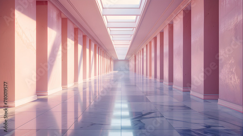 A long hallway with pink walls and a pink ceiling. The hallway is very long and has a lot of space