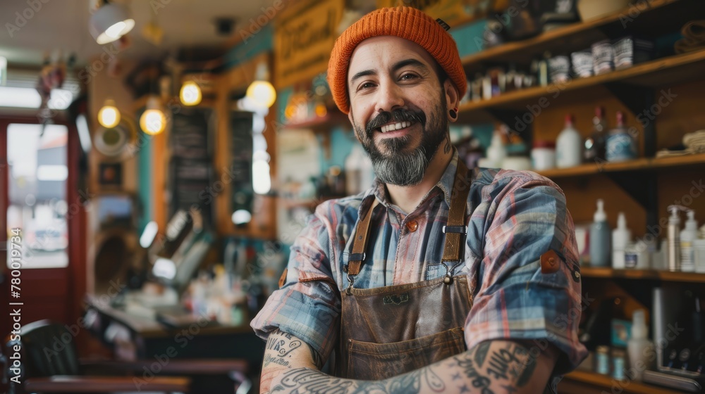 Barber with beard wearing hat and apron in vibrant barbershop setting. Entrepreneurship and fashion concept