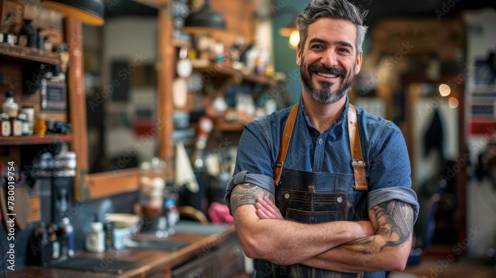 Smiling male barber with tattooed arms standing in barbershop. Small business and personal grooming concept
