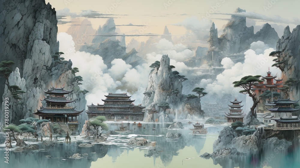 Surreal landscape featuring traditional Asian architecture with intricate temples, misty water-surrounded mountains, and cascading waterfalls