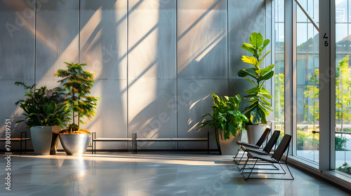 A large room with a lot of greenery and a few chairs. The room is very bright and open, with sunlight streaming in through the windows. The greenery and chairs create a calming and relaxing atmosphere