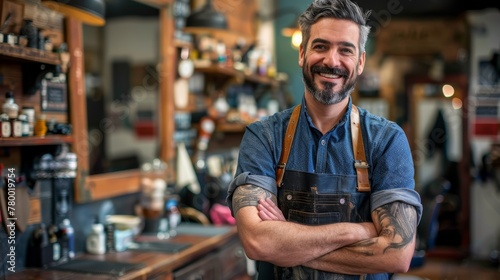Smiling male barber with tattooed arms standing in barbershop. Small business and personal grooming concept