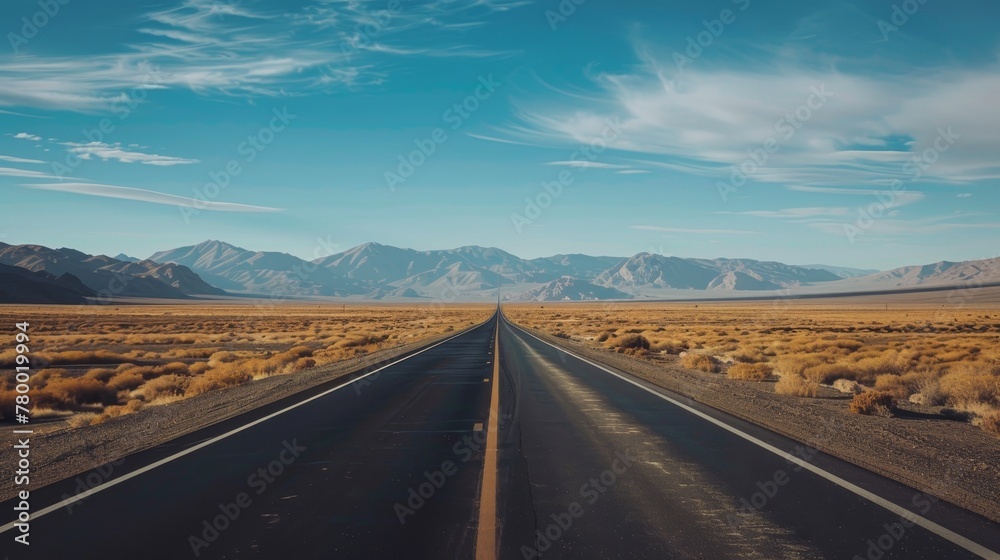 Straight desert highway, an escape route through life's barren moments, leading to the thrill of adventure and freedom