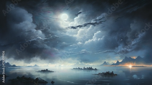 A serene moonlit landscape with the moon's reflection on calm waters, mountains silhouetted against the sky