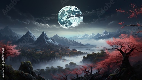 An ethereal scene depicting a grand moon above a mountainside village with cherry blossoms during the night