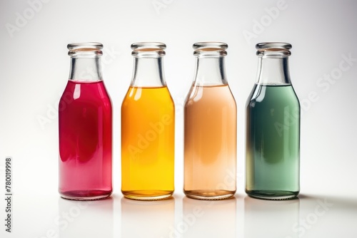 Bottles with multi-colored liquid or multifruit juice on a white background