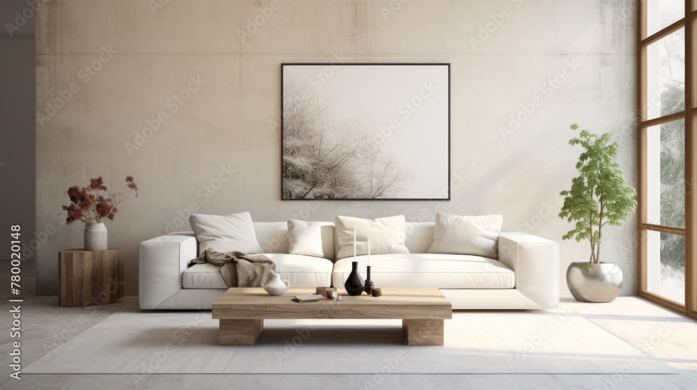 Fototapeta premium Modern living space with a cozy atmosphere, light-colored furniture, and stylish wall decorations.