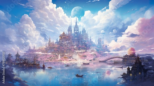 An enchanting cityscape with floating moon balloons and cherry blossoms, reflecting a fusion of tradition and whimsy photo