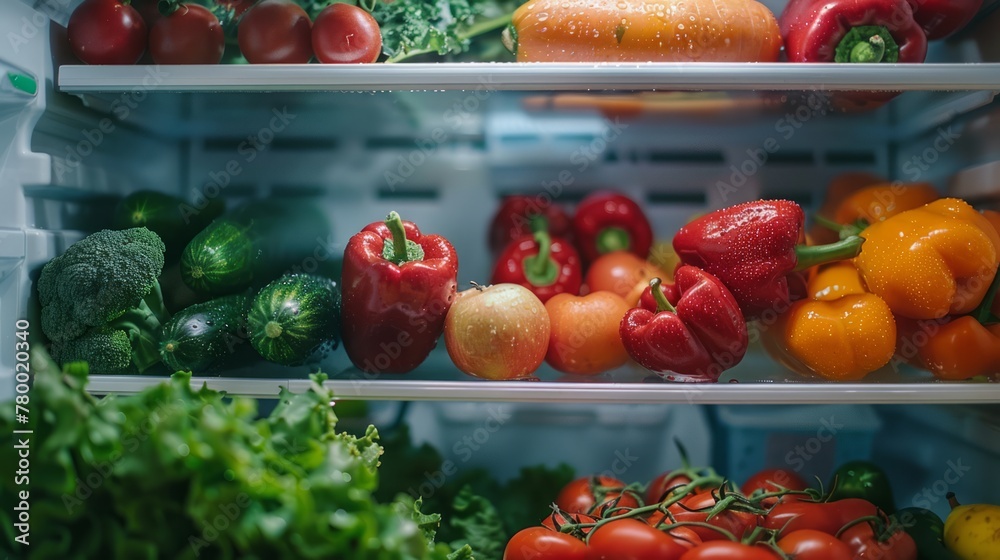 Fototapeta premium Fresh produce assortment in a refrigerator shelf