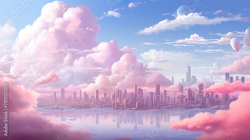 The skyline of a city enveloped in surreal pink clouds evokes a dreamy atmosphere photo
