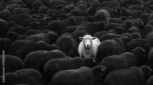 A lone white sheep stands tall among black sheep, embodying uniqueness and leadership in a conforming world