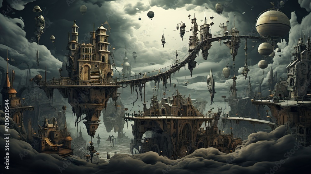 Fototapeta premium A complex steampunk city with interconnected bridges suspended in a dark stormy sky